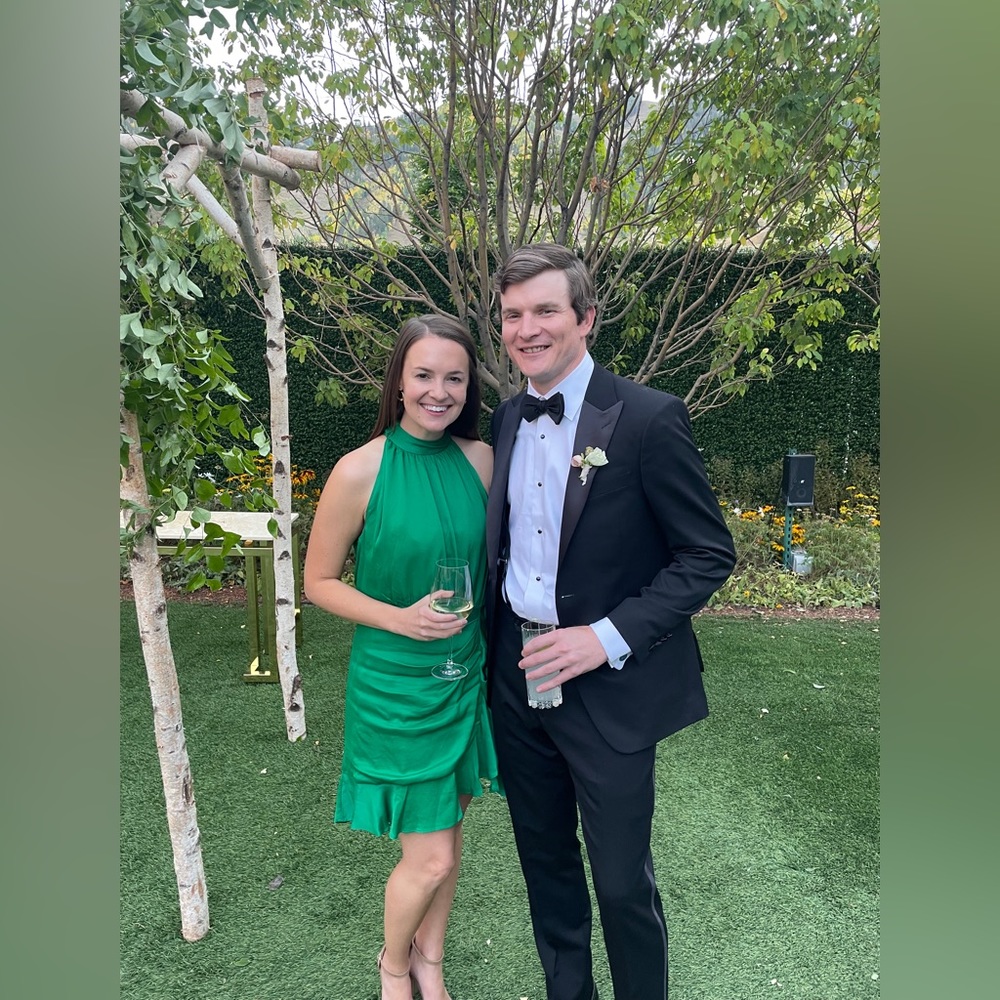 Bardot emerald green tie neck satin dress